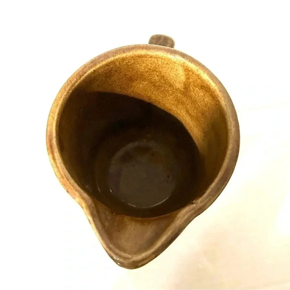 Vintage Leaf Pattern Brown Stoneware Drip Pottery Pitcher Small USA Made FLAW - Picture 5 of 10